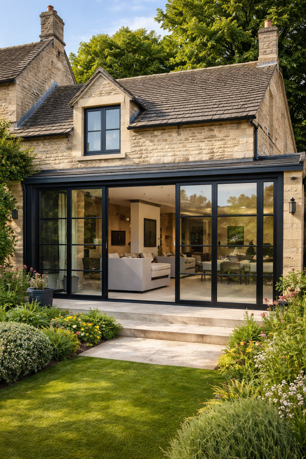 Sliding door into beautiful Cotswold garden